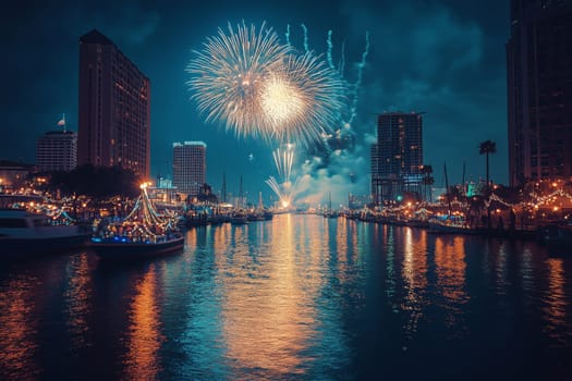 Colorful fireworks burst above the waterfront, celebrating Mardi Gras. Boats decorated with lights float gracefully as revelers enjoy the lively atmosphere along the shimmering water.