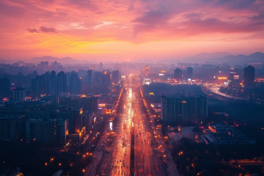 As dusk settles, the city transforms into a lively spectacle, illuminated by bright lights. Streets are bustling with energy, creating a festive atmosphere.