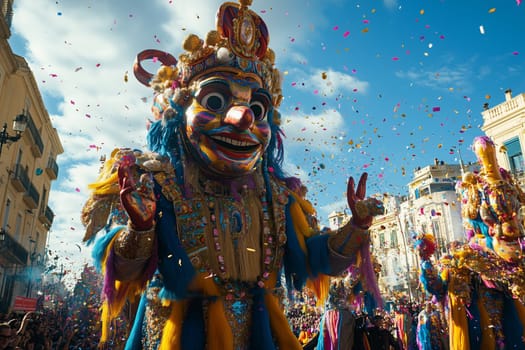 Giant puppets dance through the streets, bringing color and excitement to a bustling parade filled with confetti and festive crowds. The atmosphere is electric with laughter and joy.