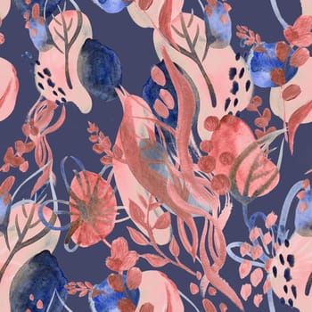 Seamless botanical pattern with gouache painted flowers and leaves flowers for textile design and autumn prints