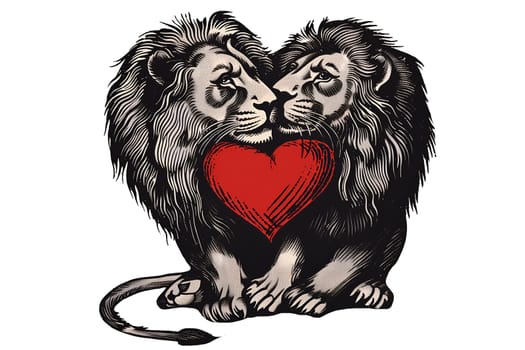 Two lions are sitting on a heart
