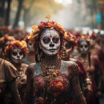 Dia de los muertos. Day of The Dead. Woman with sugar skull makeup at street parade. Calavera Catrina. Halloween. AI Generated