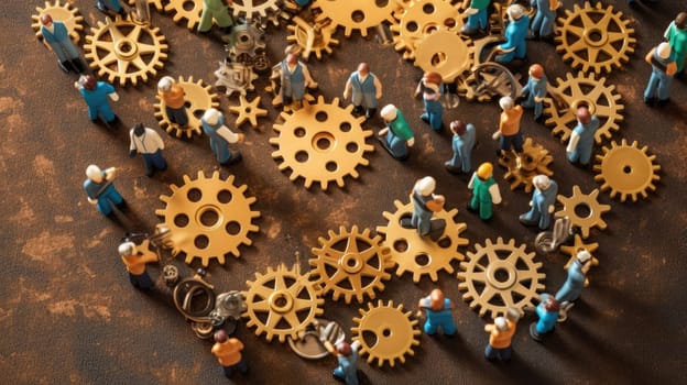 Miniature business people connecting many gears, top view, concept of teamwork. Generative AI image weber.