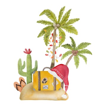 Caribbean Merry Christmas watercolor painting with palms xmas tree, cactus and Santa hat. Tropical Beach New Year postcard
