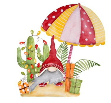 Caribbean merry christmas watercolor painting with funny dwarf, beach umbrella and festive Mexico cactuses. Tropical new year postcard with gnome