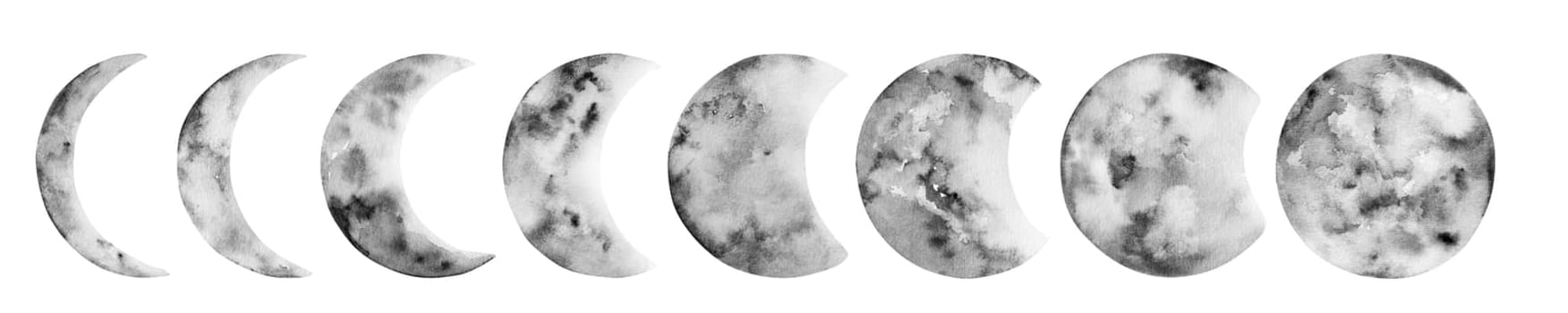 Black and white moon phases watercolor painting, astrology symbol in galaxy. Astronomy planet nearest to Earth in cosmic space