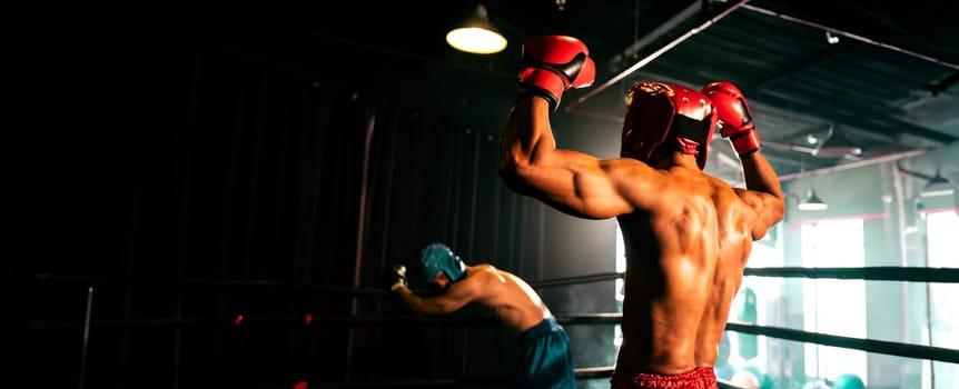 Boxer and intimidation with victory or winner posing after he won boxing match, confident stance and triumphant expression convey the essence of his hard boxing fighting victory. Spur