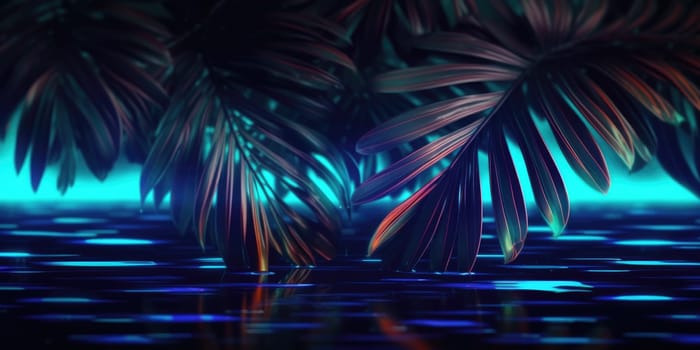 Dark Neon Light palm leaves dramatic photo effect background, realism, realistic, hyper realistic. Generative AI image weber.