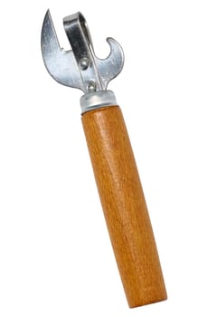 Hand opener for cans, bottles with a wooden handle on a white isolated background