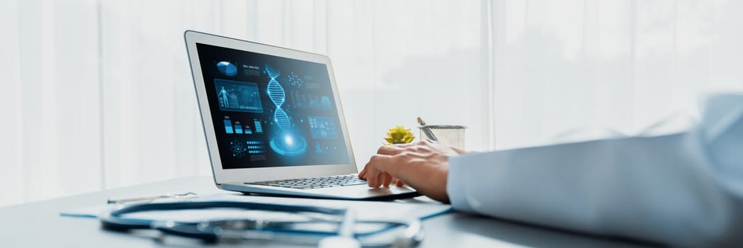 Doctor studying genetic disease in DNA research with laptop, analyze genetic data, formulate medical treatment strategies, and develop healthcare plan for patient with innovative solution. Neoteric