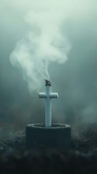 Cross shaped cigarette burning with smoke in foggy atmosphere, symbolic concept.