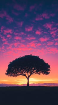 Single tree silhouetted against vibrant sunset sky, nature solitude concept.