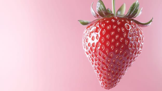 Close-up of a fresh strawberry on pink background, vibrant fruit concept.