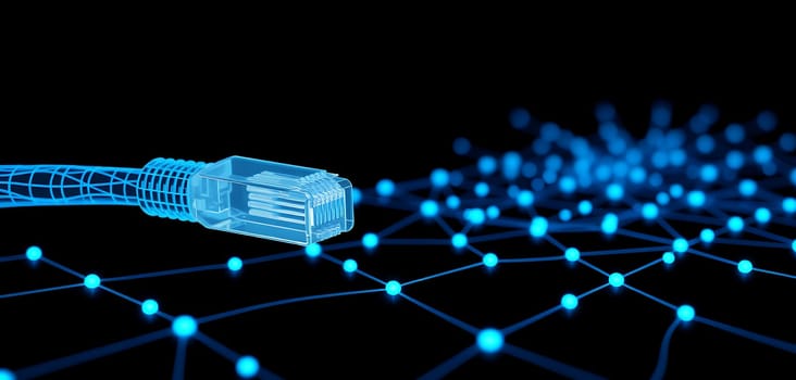 A translucent Ethernet cable rests on a dark background while glowing blue nodes and lines represent a digital network. The image captures a modern technology theme.