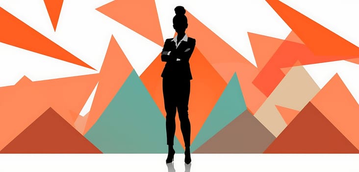 A businesswoman exudes confidence as she stands with arms crossed against a vibrant abstract background featuring geometric shapes in warm colors.