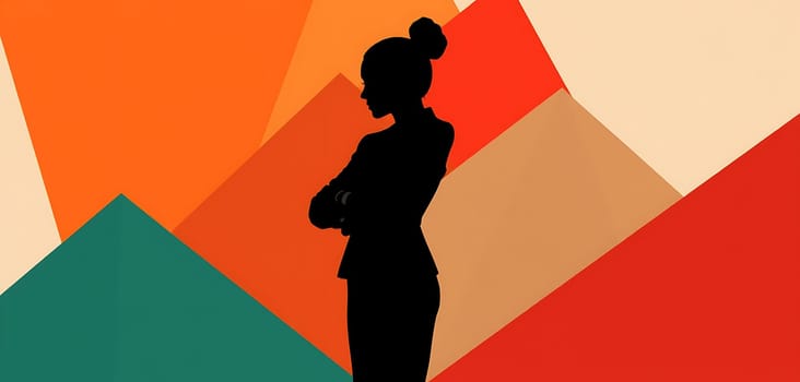 A confident businesswoman stands with her arms crossed, depicted in silhouette against a vibrant, abstract background featuring bold geometric shapes and colors.