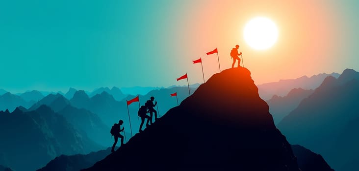 A group of climbers ascends a steep mountain in silhouette, planting flags as they reach the summit at sunset, creating a striking contrast against the colorful sky.