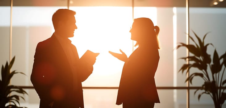 Two professionals discuss ideas while silhouetted by the warm glow of a sunset pouring through large office windows. The atmosphere is vibrant and dynamic.