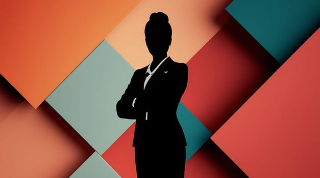 A confident silhouette of a professional woman in a suit stands with arms crossed. The background features vibrant geometric shapes in muted colors, creating a dynamic atmosphere.