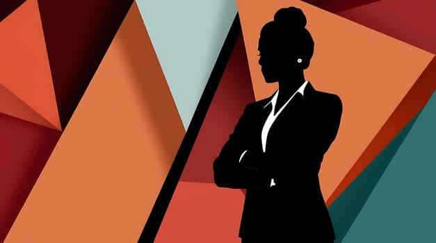 A confident businesswoman stands with her arms crossed, silhouetted against a vibrant geometric backdrop, exuding strength and determination in a professional setting.