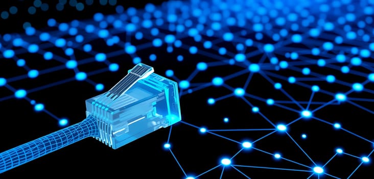 The image depicts a detailed close-up of a blue network cable connector against a vibrant digital background filled with glowing nodes, symbolizing connectivity.