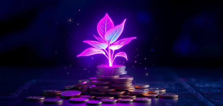 During a nighttime scene, a glowing plant rises from a pile of coins, representing financial growth and the connection between nature and wealth in a digital world.