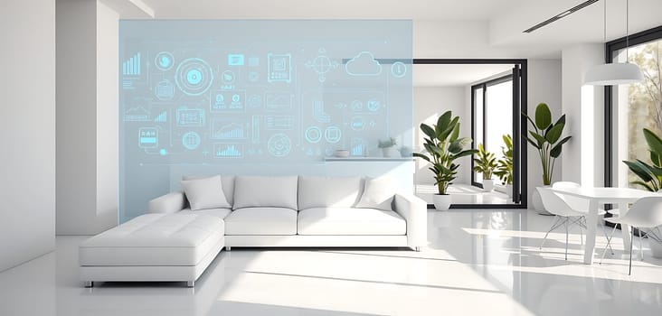A spacious living room features a white sectional sofa and sleek decor, highlighted by digital projections of graphs and icons on the wall, creating a modern, tech-savvy atmosphere.