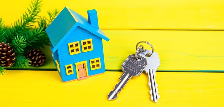 A vibrant blue toy house is positioned next to a set of keys on a cheerful yellow background, complemented by pinecones and green foliage, evoking a cozy atmosphere.
