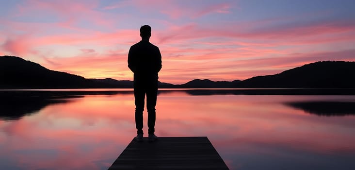 As the sun sets, a person stands on a wooden dock, looking out at the calm lake reflecting vibrant colors, creating a serene atmosphere in nature.