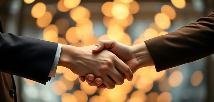 Two business professionals engage in a firm handshake, symbolizing the conclusion of a successful negotiation. The backdrop features soft, glowing lights, enhancing the ambiance.
