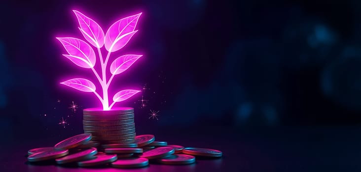 This vivid illustration depicts a glowing pink plant emerging from a stack of coins, symbolizing growth and prosperity against a dark backdrop.