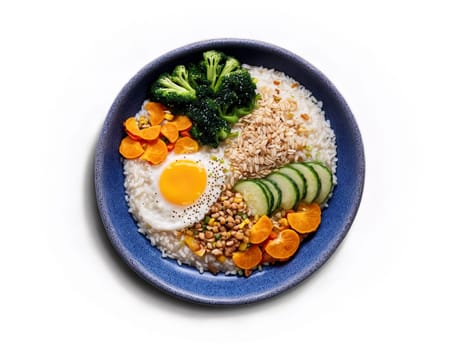 Congee with rice porridge vegetables and protein. Food isolated on transparent background.