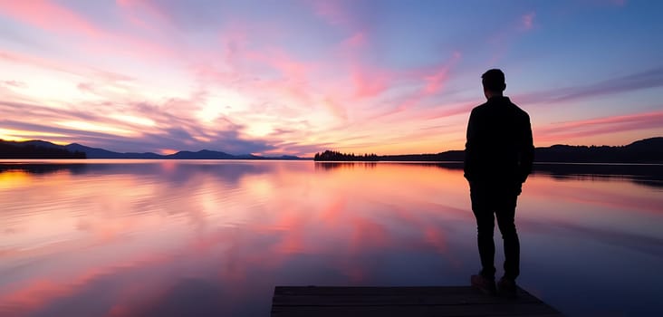 A solitary figure stands on a dock, gazing at the stunning colors of a sunset reflecting on the serene lake water, framed by distant mountains.