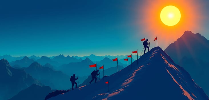 Climbers ascend a majestic mountain towards a vibrant sunset, with flags marking their path and stunning peaks creating a breathtaking backdrop.