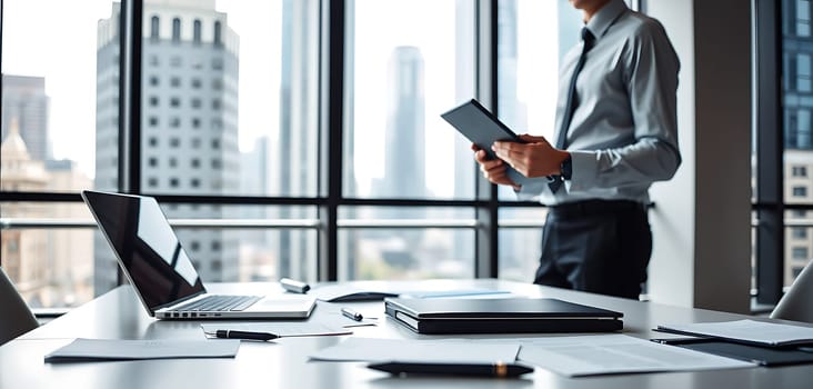 A business professional stands holding a tablet in a contemporary office space, surrounded by papers and a laptop, overlooking a bustling city skyline.