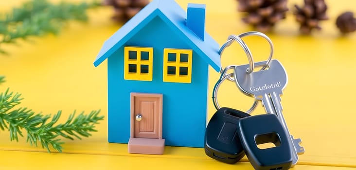 A vibrant toy house is placed next to keys, symbolizing the concept of home ownership and real estate opportunities, set against a cheerful yellow backdrop.