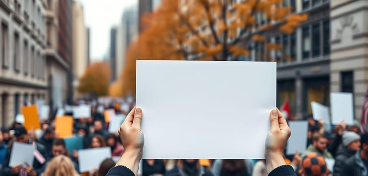A large group of individuals gathers in an urban area, raising blank signs in unison while vibrant autumn foliage colors the surroundings. The atmosphere is one of solidarity and unity.