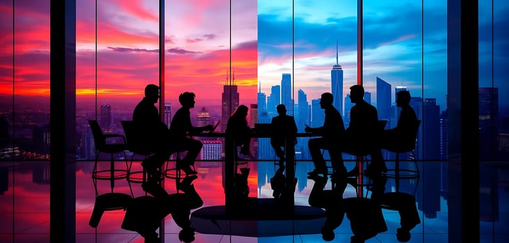A group of professionals gathers around a conference table in a high-rise building, silhouetted against a vibrant sunset reflecting on the glass walls.