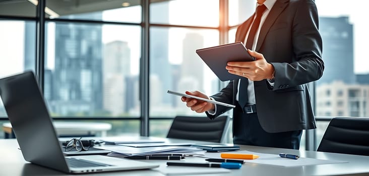 A man dressed in a suit is focused on using digital tablets and smartphone in a contemporary office with city views, surrounded by paperwork and tools.