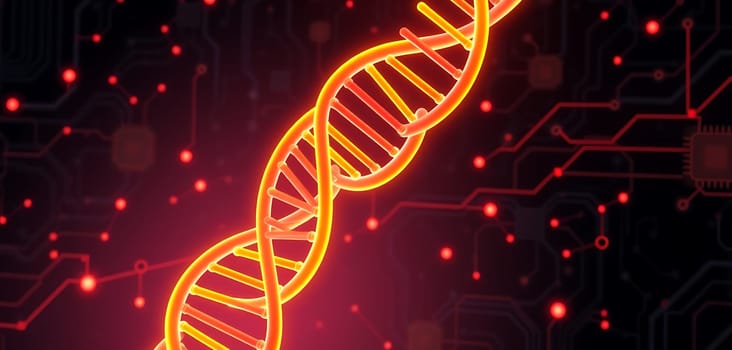 A vibrant DNA double helix coils gracefully against a dark backdrop, illuminated with circuit designs and glowing nodes, symbolizing scientific exploration in genetics.