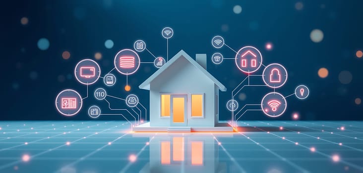 A miniature house is surrounded by various icons representing smart home technology, illustrating the concept of home automation with connected devices for enhanced living.