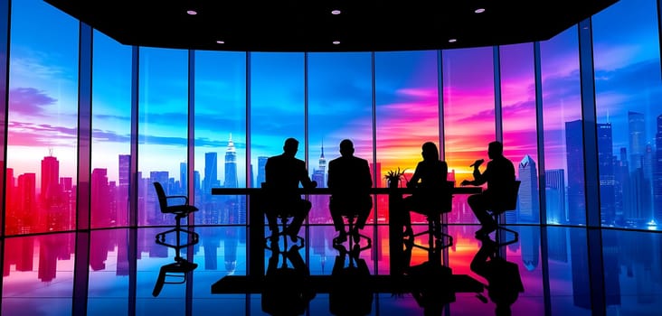 A group of professionals engaged in discussion inside a sleek office, silhouetted by the vibrant colors of a sunset illuminating the city skyline outside.