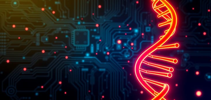 A glowing neon DNA helix intertwines with complex circuitry, representing the fusion of biology and technology. This design highlights advancements in genetics and biotechnology.