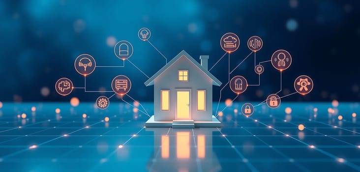 A model of a house is surrounded by various icons representing smart technology. The setting features a vibrant digital backdrop enhancing the concept of modern living.