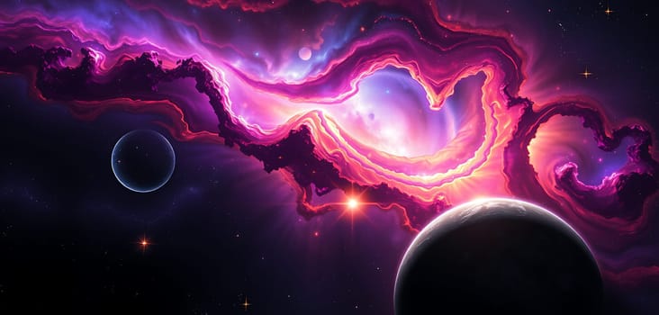 The mesmerizing cosmic landscape showcases rich purple and pink nebulas swirling around, with two planets visible in the foreground against a backdrop of twinkling stars.