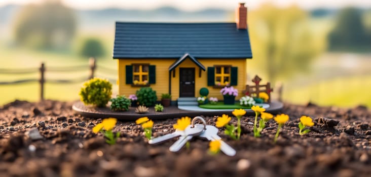 A charming model of a house is placed in a garden with vibrant yellow flowers. Keys sit on the soil, capturing the essence of new beginnings in a beautiful countryside at dusk.