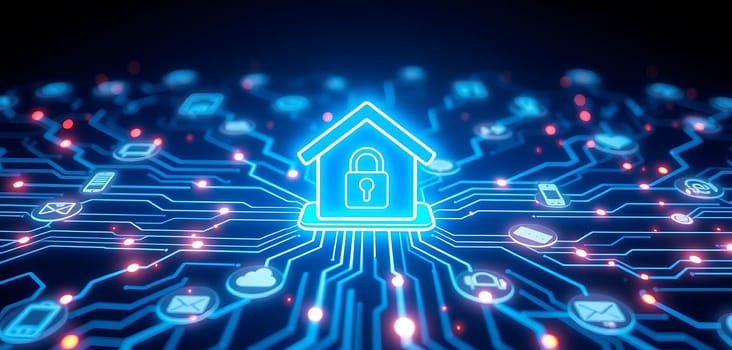 A house icon with a lock is centrally positioned, surrounded by glowing icons representing smart devices, symbolizing modern home security and connectivity themes.