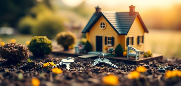 A small model house sits on rich soil with keys placed nearby. The scene is beautifully adorned with delicate flowers as the sun sets in the background.
