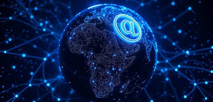 The Earth is illuminated with blue lights, showcasing a vast network of connections across continents, with a prominent email symbol emphasizing global communication.