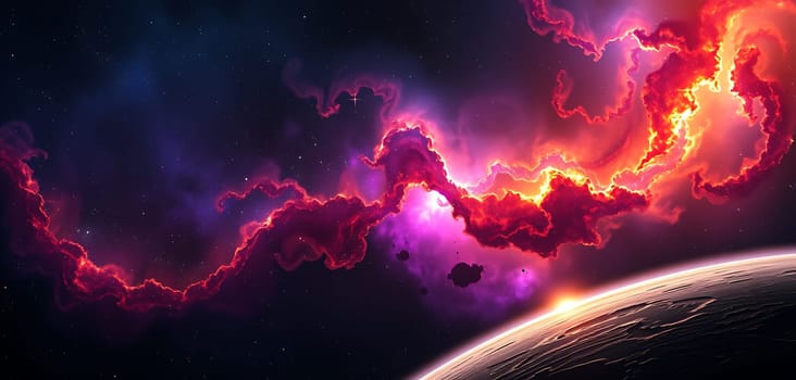 Colorful clouds of gas and dust swirl in the cosmos, casting brilliant hues across the darkness of space and revealing a distant planet's silhouette during twilight.